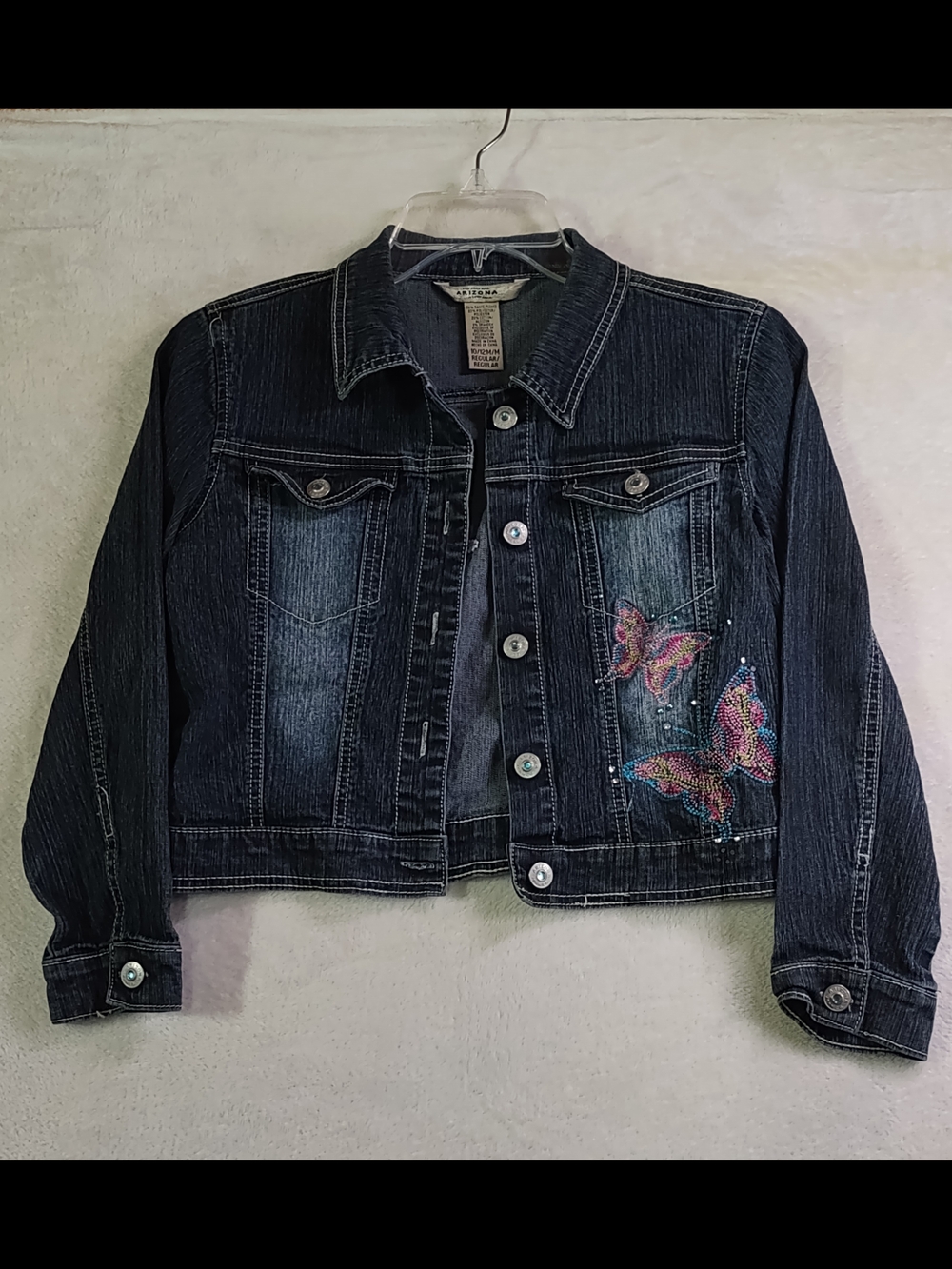 Arizona Jean Company Dark Blue Denim Jacket with Colorful Butterfly Embroidery